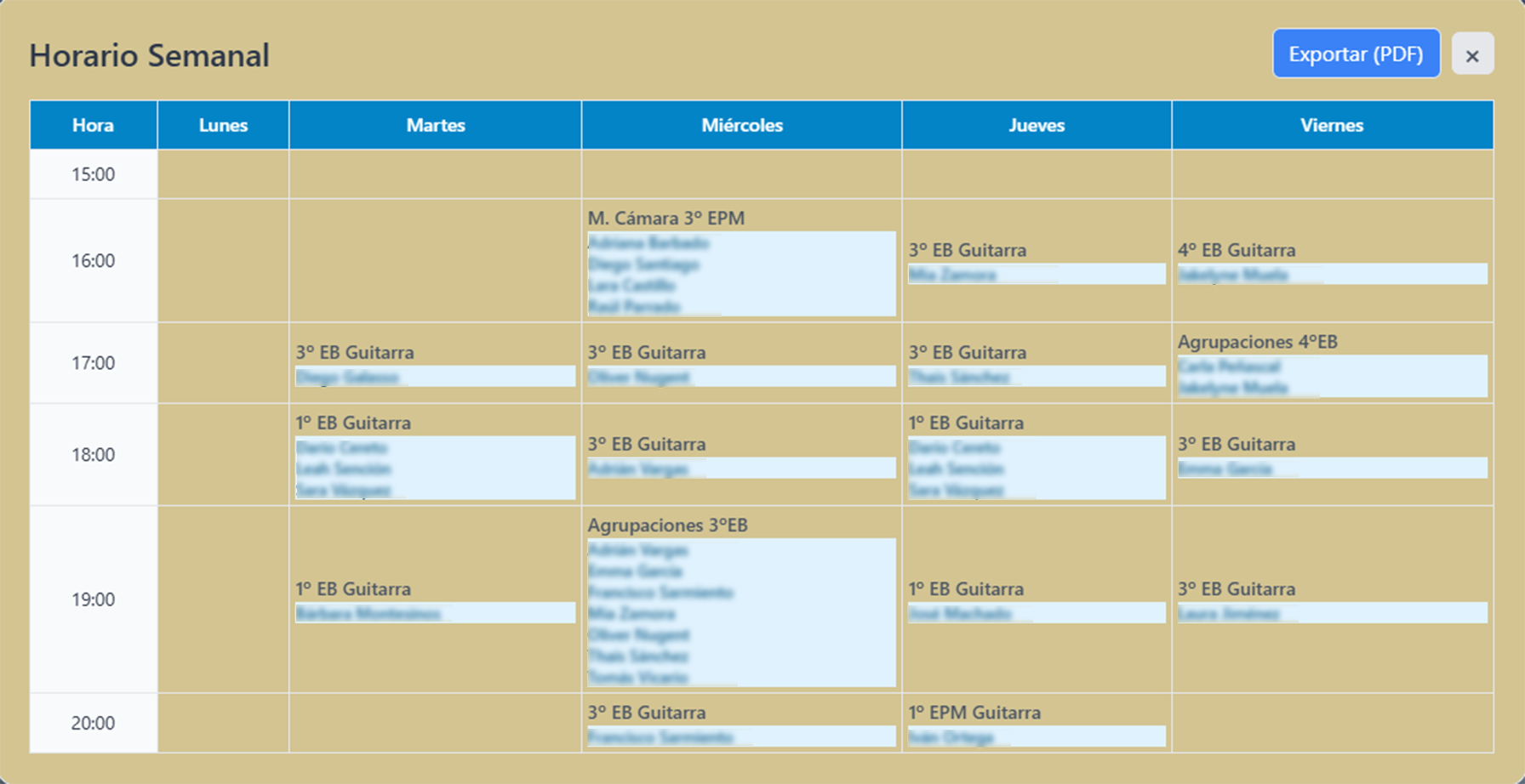 Vista del horario semanal de clases