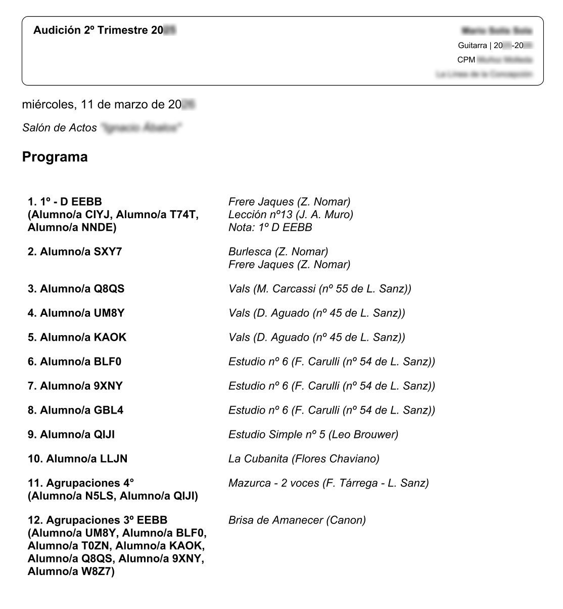 Programa de una audición listo para imprimir